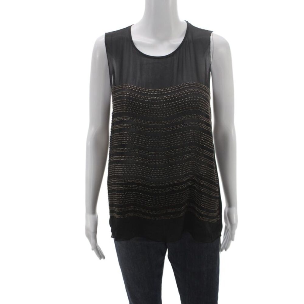 L'Agence Women Camisole Black Silk Striped Scoop Neck Sleeveless Beaded Size 6